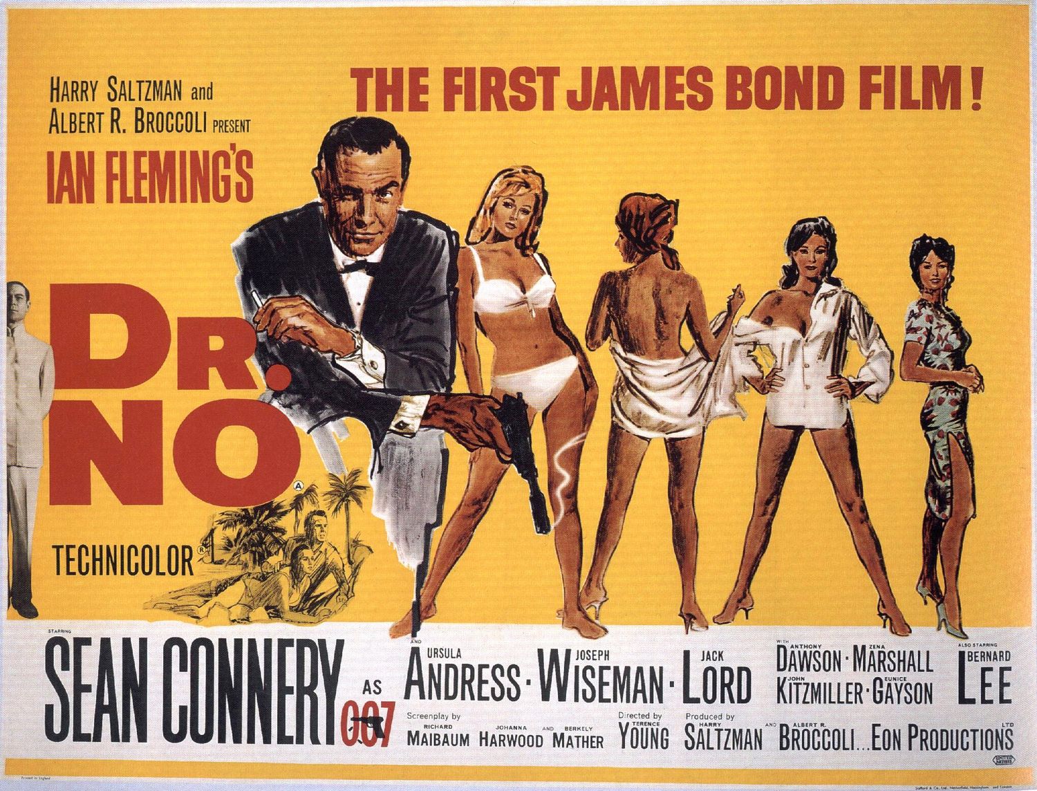 ne vienas iš senovinių siaubo filmų plakatų, apie kuriuos kalbėjome, o pirmasis pirmojo filmo apie Džeimsą Bondą plakatas yra gražus.  