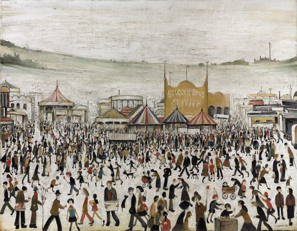 Like Lowry’s famous painting Good Friday, Daisy Nook, Fun Fair at Daisy Nook also depicts the annual Easter fair. The two paintings are very similar, displaying a crowd of colourful people enjoying the amusements of the fairground, with the ride ‘Silicock Bros Thriller’ featuring prominently in the background.