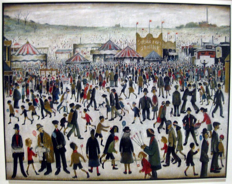 Created in 1946, Good Friday, Daisy Nook represents post-war optimism depicting the first Good Friday after the end of World War Two. The painting is deliberately cheerful, showing a huge crowd of Lowry’s famous figures at an Easter fair in Daisy Nook.