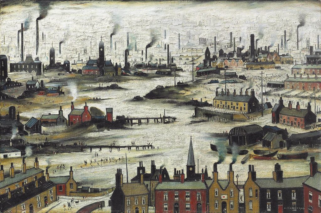 Industrial Landscape L S Lowry 1944 - Lowry’s next depiction of an industrial scene was ‘Industrial Landscape’, with its billowing chimneys and grey buildings that dominate the painting. Unlike Lowry’s other paintings, the people are depicted as tiny figures, barely noticeable and without any expression.