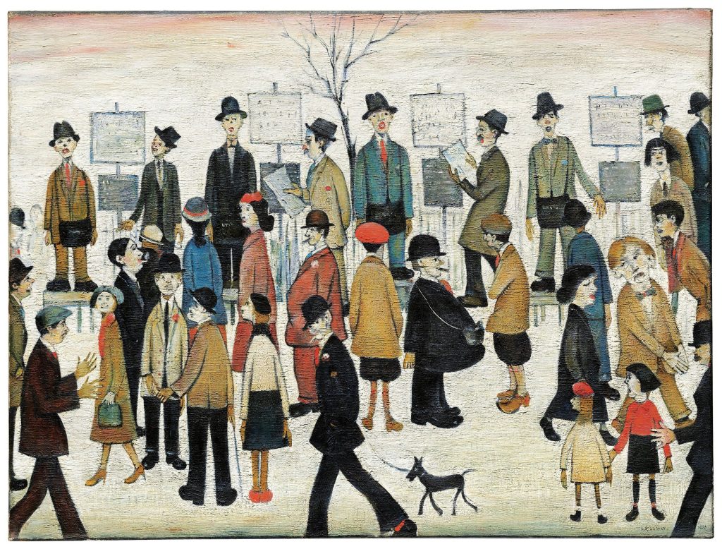 A Northern Race Meeting, painted in 1956, is simply fascinating in its depiction of a relaxed group of people enjoying a day at a British racecourse. Unlike Lowry's other most famous paintings, this image is rather close up and from slightly above, creating a stage-like feel to the painting as if we are watching people act out a scene rather than real life.