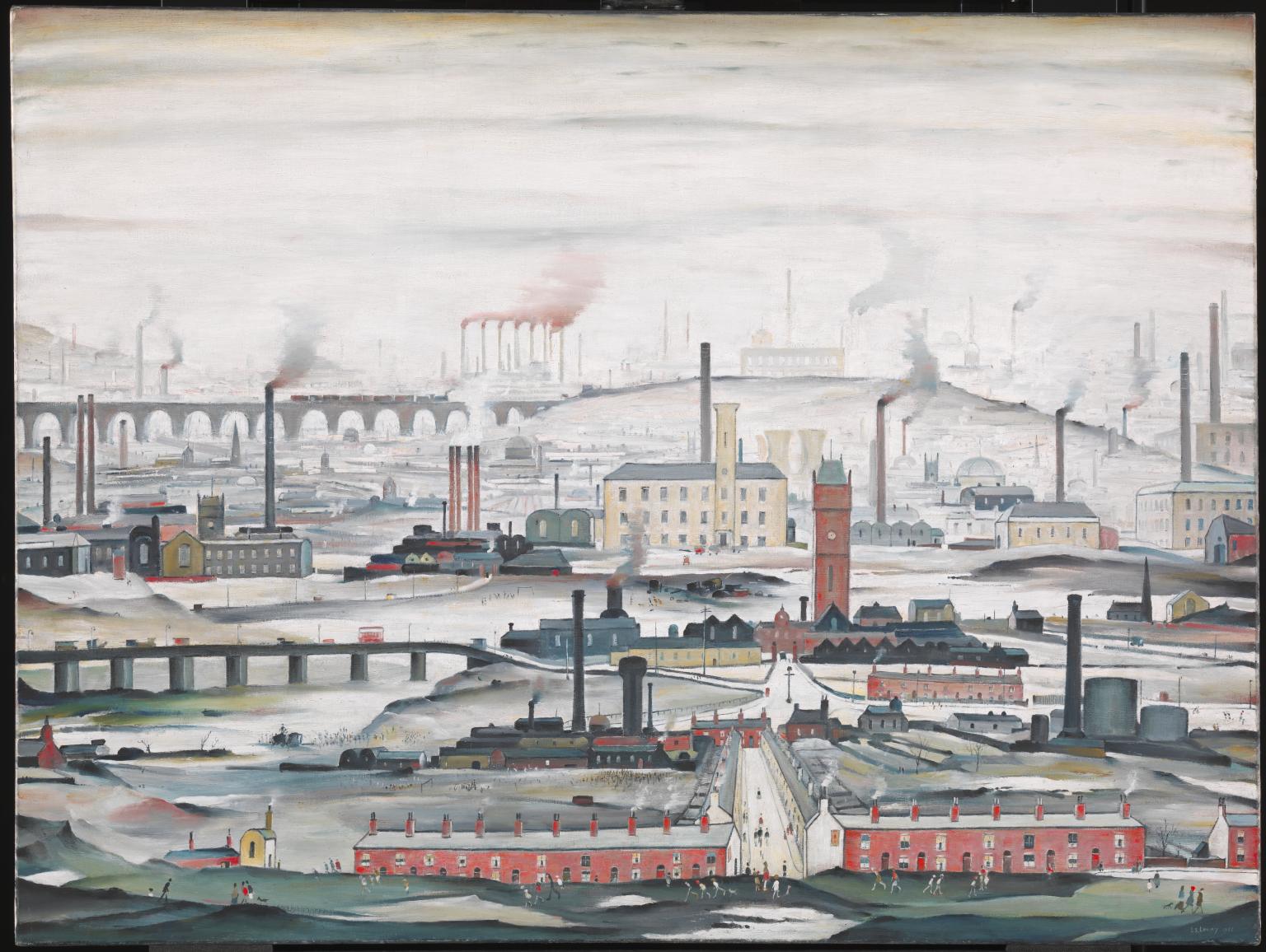 産業風景」（1955年）-ローリーの絵画と版画の中で最も有名なテーマとして広く知られている。