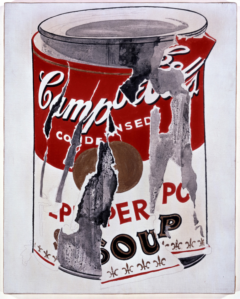 Maža suplėšyta Campbell sriubos skardinė (pipirų puodelis) - vienas garsiausių ir brangiausių Andy Warholo meno ir tapybos kūrinių
