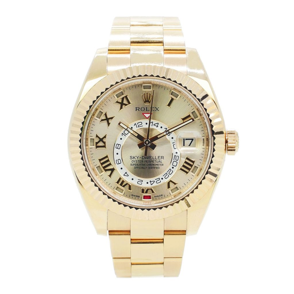 Rolex-Sky-Dweller-gold-front - yksi kelloista, joita vastaan New Bond Streetin panttilainaamot myöntävät lainoja.