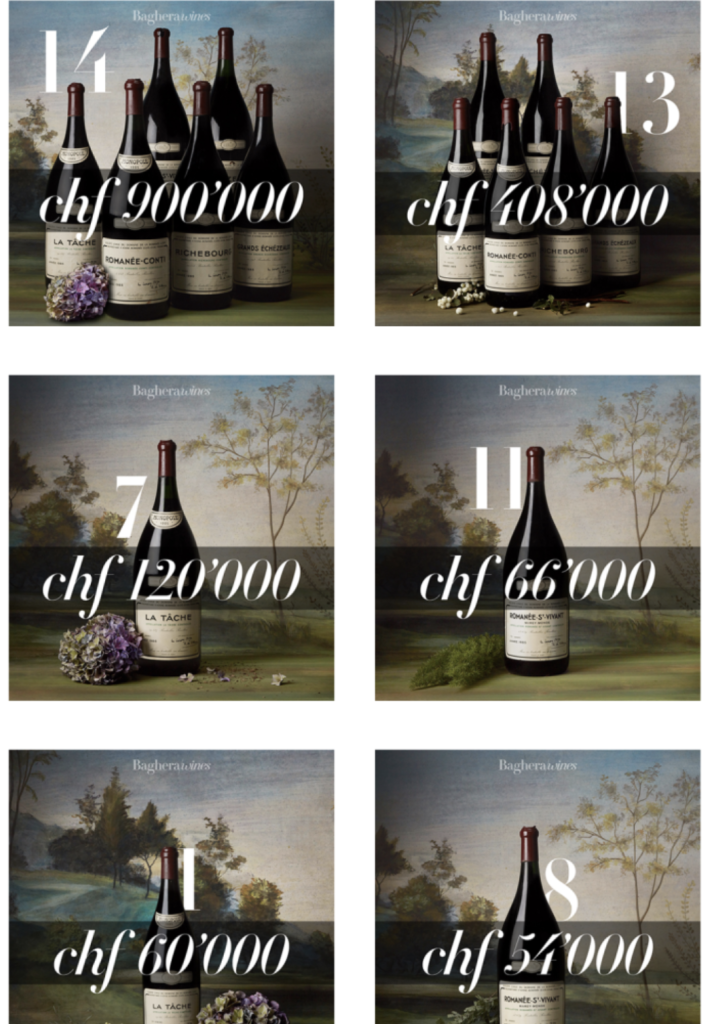 en annen av de dyreste vinene i verden fra 2022 -2023: «Kingdoms» av Baghera/vin solgte seks storformat seks-liters flasker Methuselah fra det legendariske Domaine de la Romanée-Conti. En sveitsisk kjøper kjøpte parti 14 for rundt 978 000 dollar