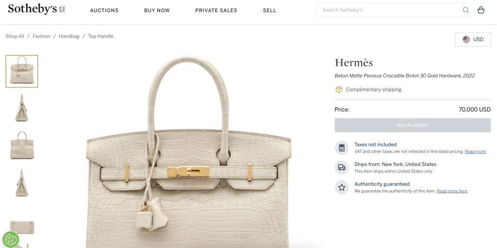 The Beton Matte Porosus Crocodile Birkin 30 Gold Hardware is a masterpiece. The Beton color, which is gray with a beige hue that is slightly similar to concrete, is chic and versatile. A very slightly worn version of this bag appeared at Sotebhys in 2022 and went for $70,000. Released in 2018, and with stunningly complimentary gold hardware, this Birkin became an instant classic. Its rarity and Porosus Crocodile skin mean it is very prized by collectors, with the patterns of the skin particularly noteworthy. It’s one of the most expensive Hermes bags in the world ever sold, and collectors suggest that it could continue to climb in price, especially in perfect condition. The interior is made from tonal chèvre leather which enhances the overall plushness and durability of the bag. 