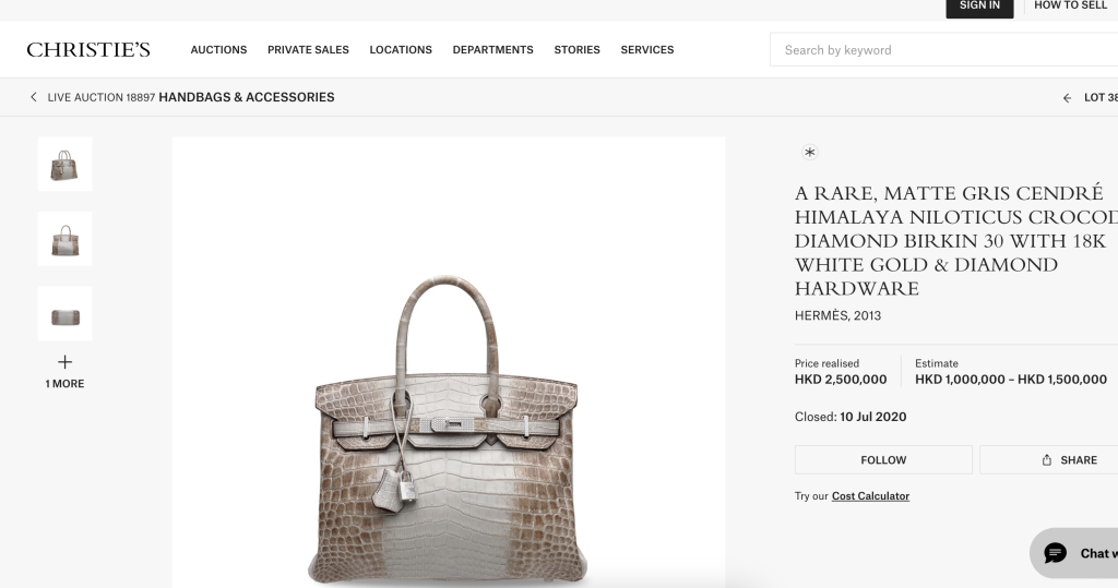 Christie's auction house in Hong Kong was the scene of a 2020 sale of an ultra-rare Matte Gris Cendré Himalaya Niloticus Crocodile Diamond Birkin 30 with 18k white gold & diamond hardware. The Himalaya bag is are very rare already, but this particular version is even harder to find. The Gris Cendré is different to the white toned Himalaya bags in that it has a stunning gray skin. The addition of white gold and diamond hardware makes the 2013 produced bag a real collectors item, which was reflected in its final price at auction of 0,000. 