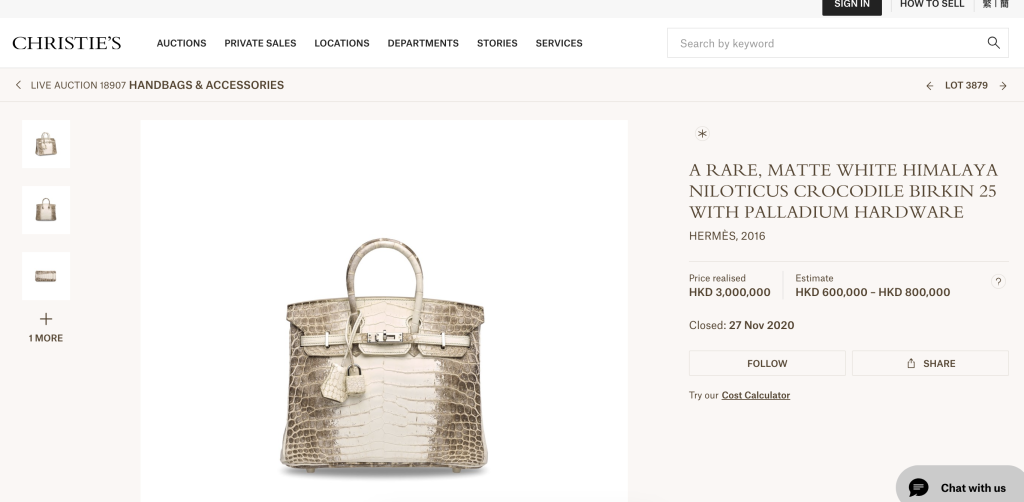 In 2022, a Diamond Hermès Birkin Himalaya 30 made in 2021 sold at auction for an incredible $450,000 via private sale, comfortably beating the $380,000 received for a similar bag at Christie’s Hong Kong in 2016. 