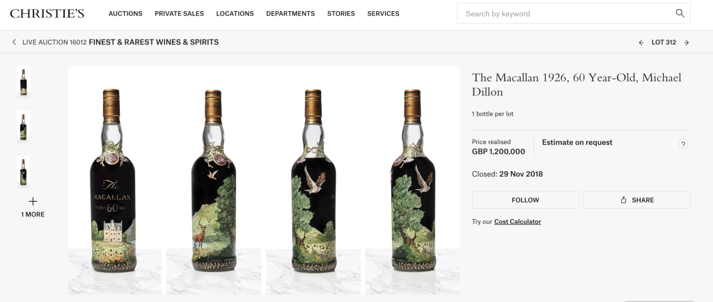 Another entry, another 1926 Macallan, this time featuring beautiful hand-drawn art from Irish creative Michael Dillon. Christie’s auction house put this bottle up for sale in late November 2018 and fetched an incredible $1.53 million for the whisky that was bottled in 1986 after sitting in an ex-sherry cask for 60 years.